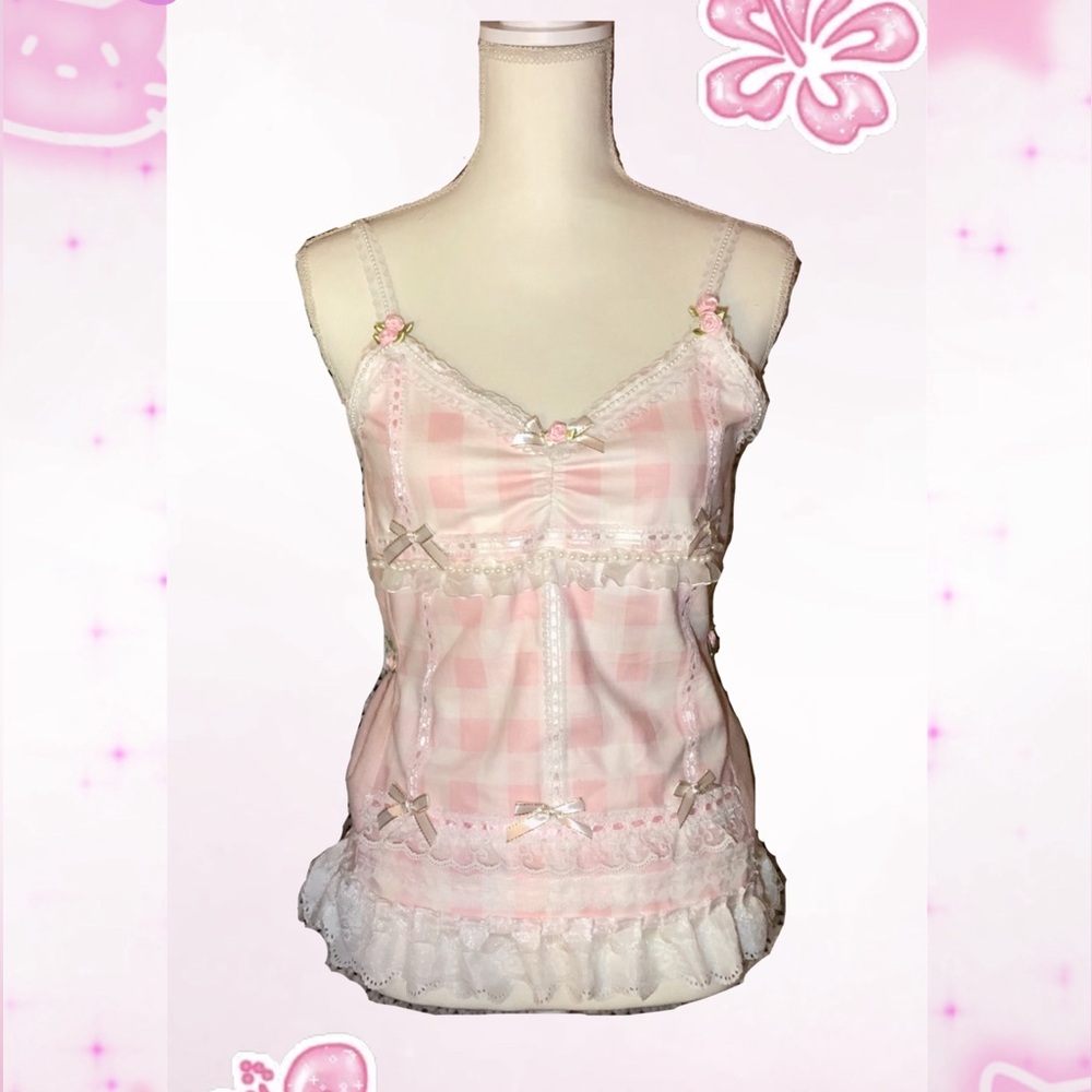 ULTIMATE HANDMADE HIMEGYARU COQUETTE PINK GINGHAM RUFFLE PINK CAMI 💗🌸🎀🩷🩰
